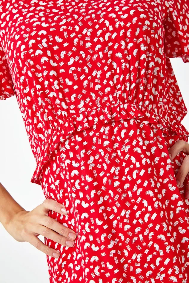 Red Ditsy Print Frill Waist Midi Dress Women Roman Dresses