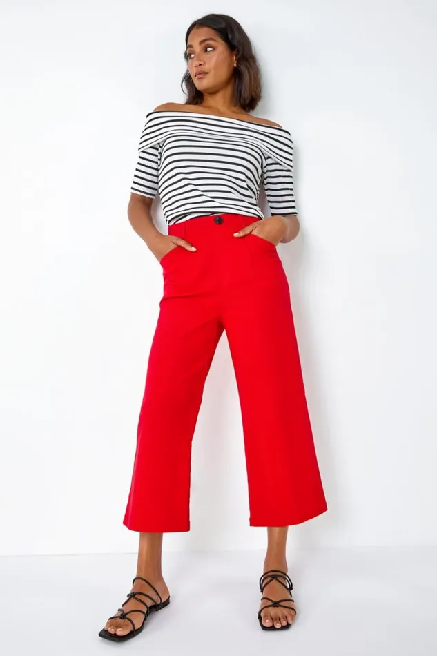 Red Elastic Waist Stretch Cropped Culotte Women Roman Coords