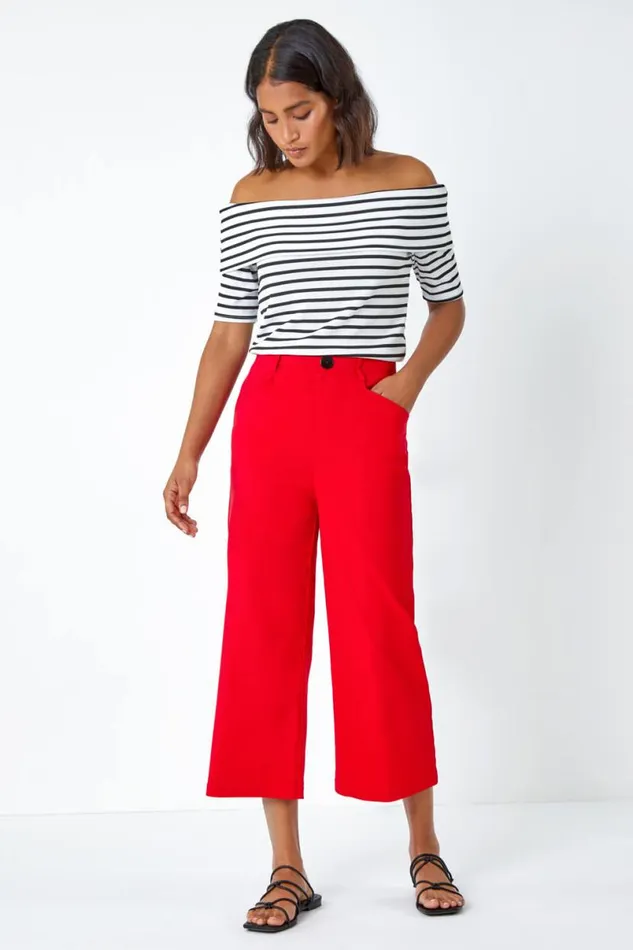 Red Elastic Waist Stretch Cropped Culotte Women Roman Coords
