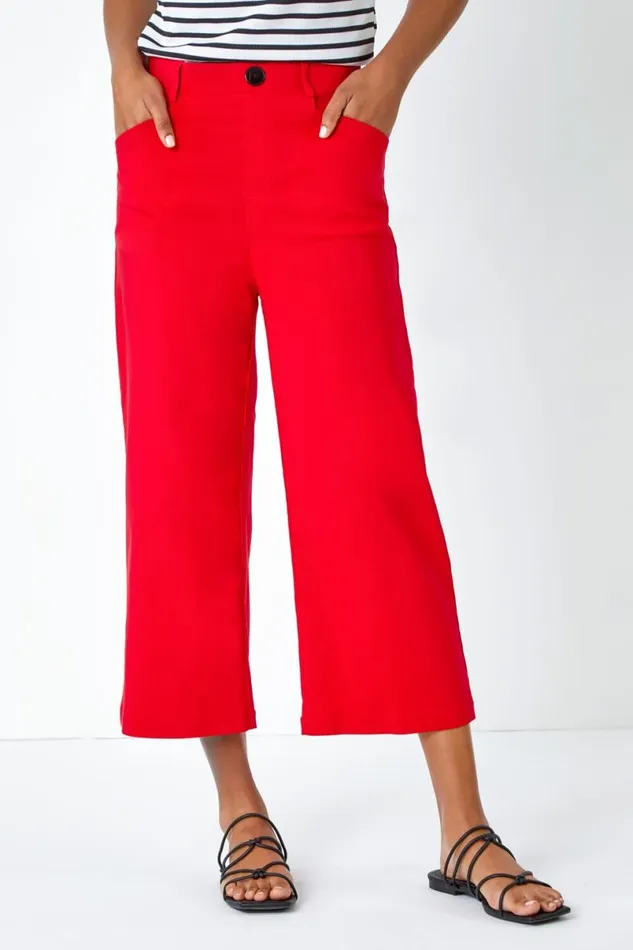 Red Elastic Waist Stretch Cropped Culotte Women Roman Coords