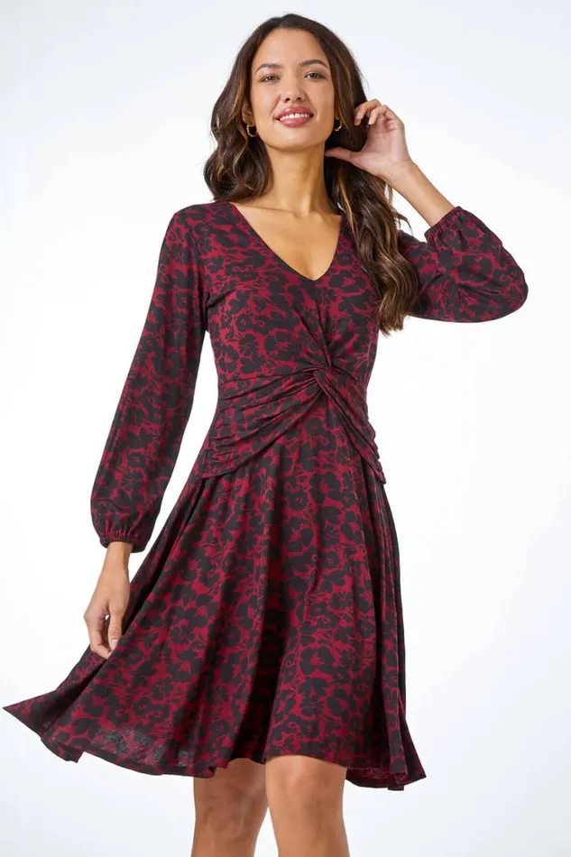 Red Floral Twist Stretch Ruched Jersey Dress Women Roman Dresses