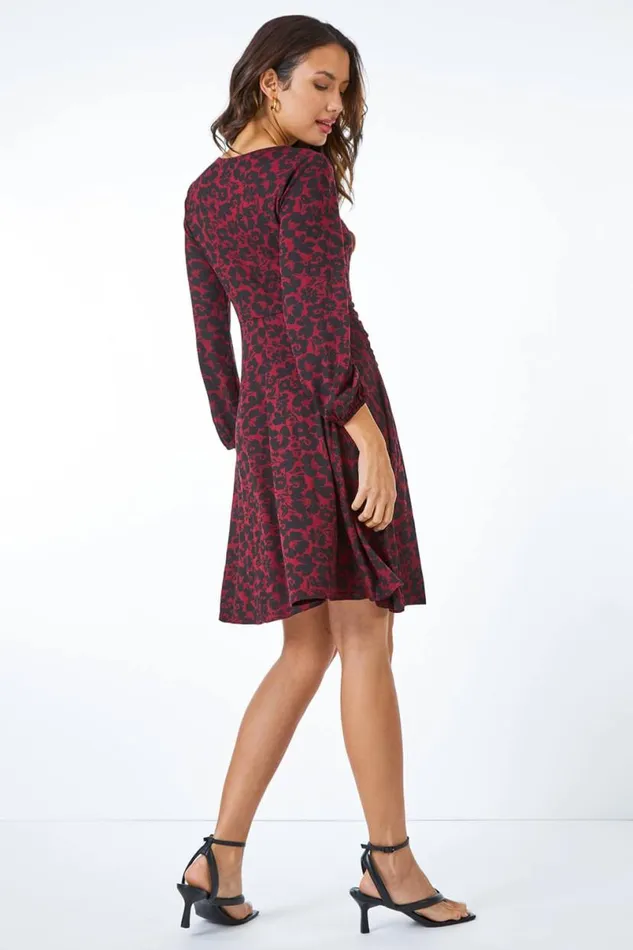 Red Floral Twist Stretch Ruched Jersey Dress Women Roman Dresses