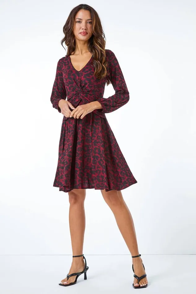 Red Floral Twist Stretch Ruched Jersey Dress Women Roman Dresses