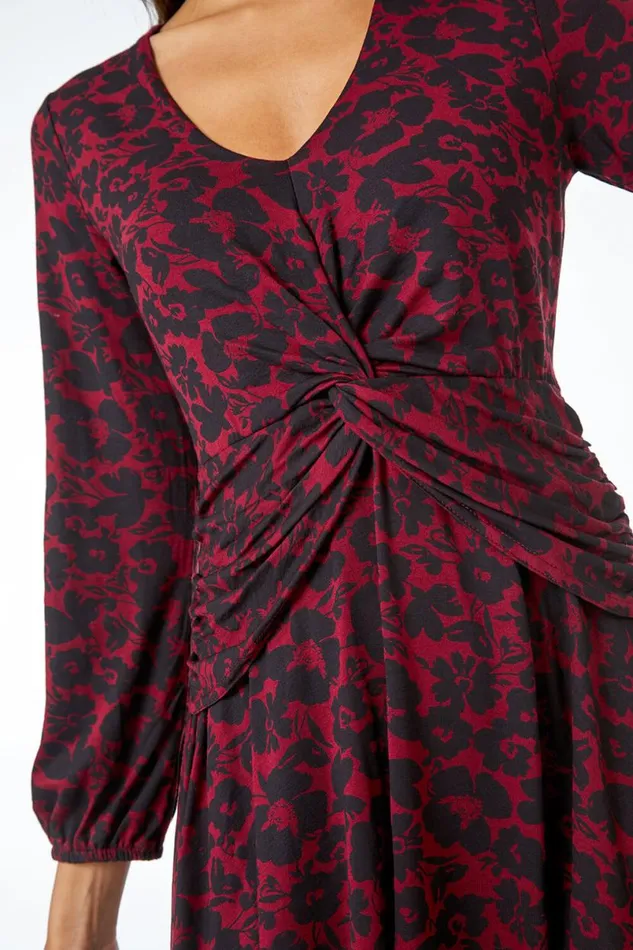 Red Floral Twist Stretch Ruched Jersey Dress Women Roman Dresses