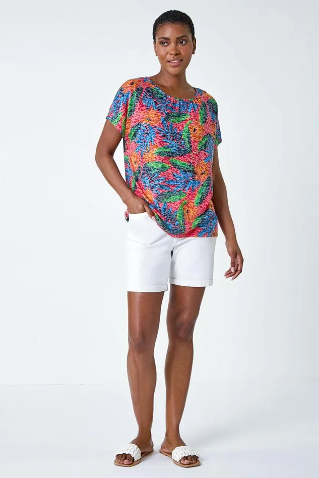 Red Leaf Print Burnout Stretch TShirt Women Roman Tops