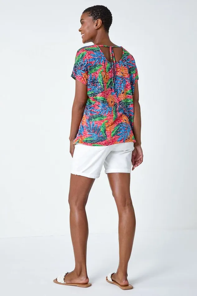 Red Leaf Print Burnout Stretch TShirt Women Roman Tops