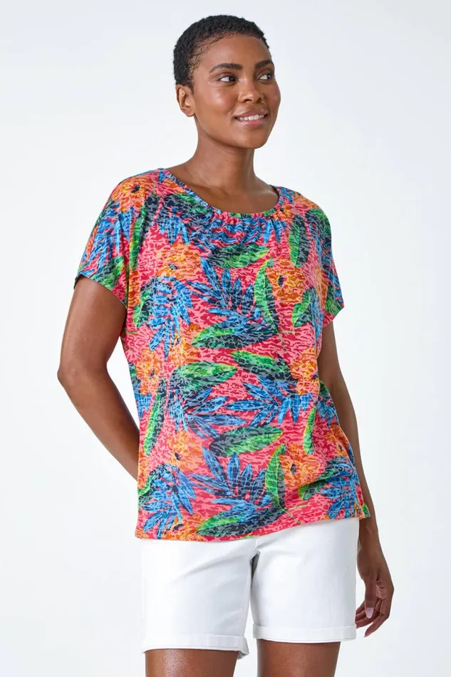 Red Leaf Print Burnout Stretch TShirt Women Roman Tops