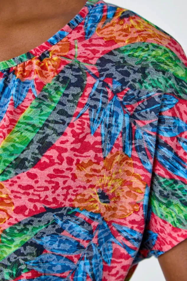 Red Leaf Print Burnout Stretch TShirt Women Roman Tops