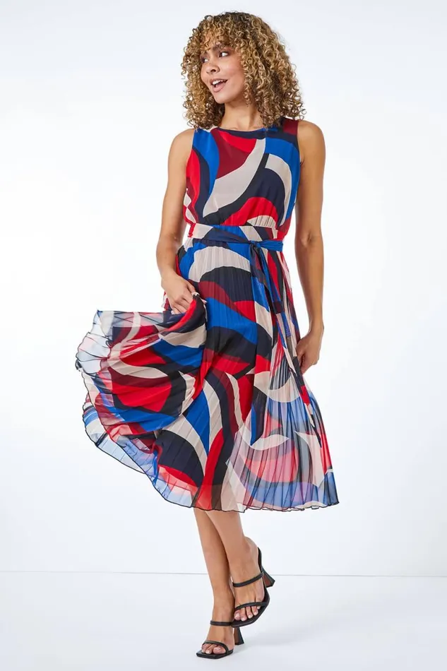 Red Petite Pleated Print Midi Dress Women Roman Dresses