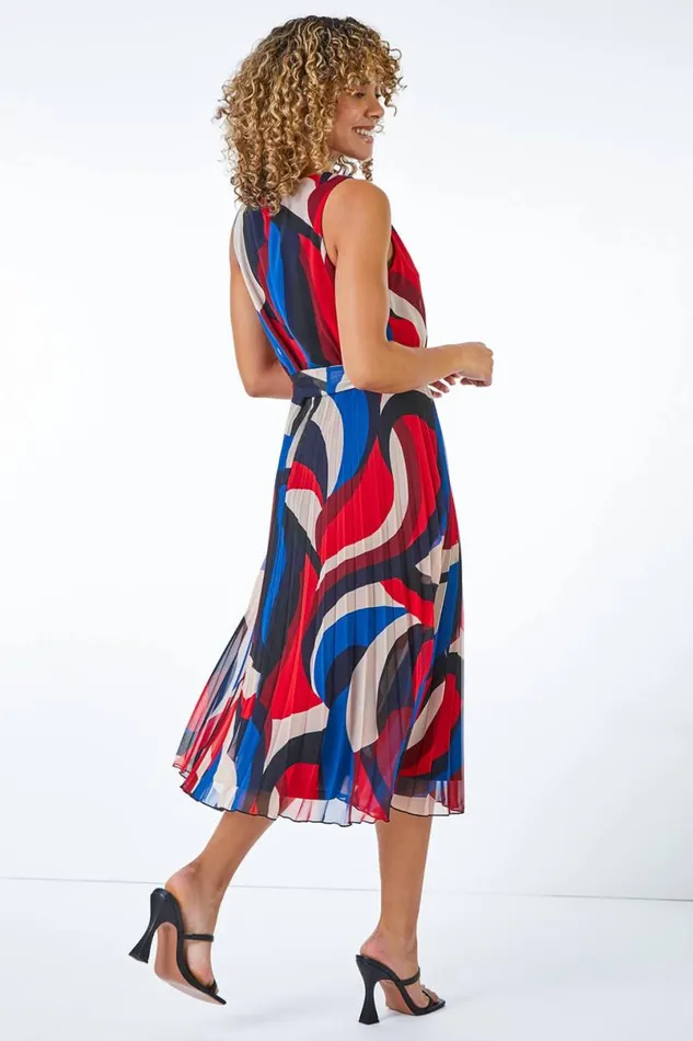 Red Petite Pleated Print Midi Dress Women Roman Dresses