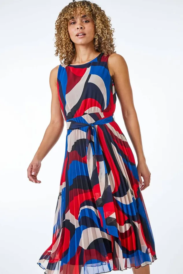 Red Petite Pleated Print Midi Dress Women Roman Dresses