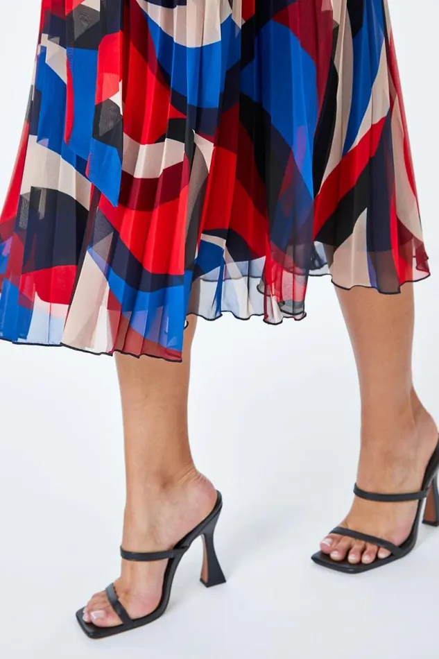 Red Petite Pleated Print Midi Dress Women Roman Dresses