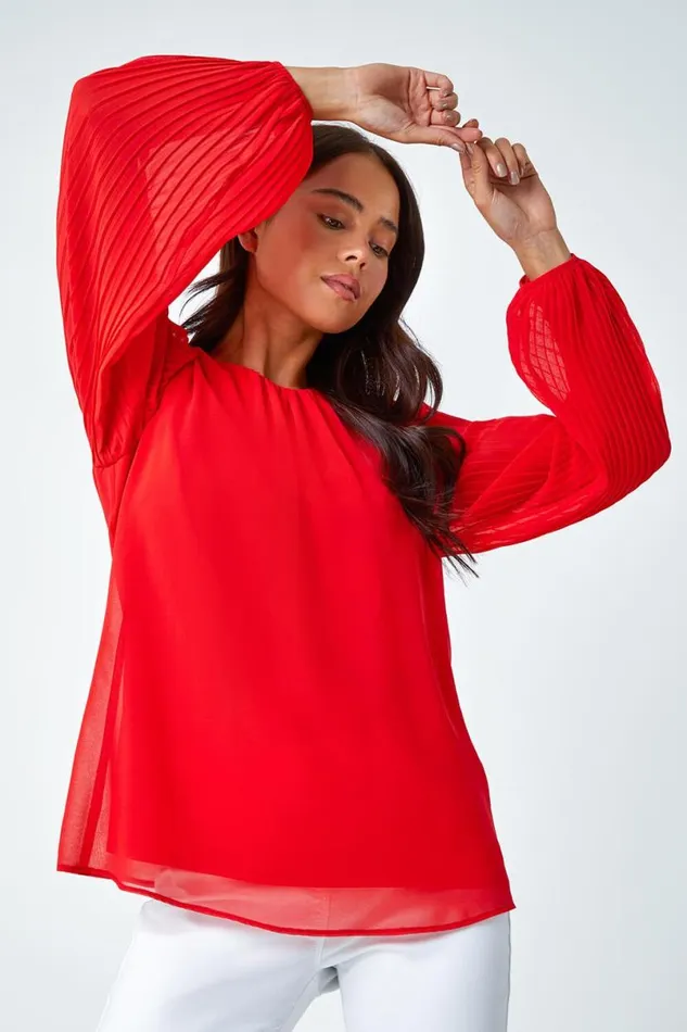 Red Petite Pleated Sleeve Gathered Chiffon Top Women Roman Tops
