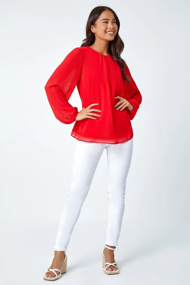 Red Petite Pleated Sleeve Gathered Chiffon Top Women Roman Tops