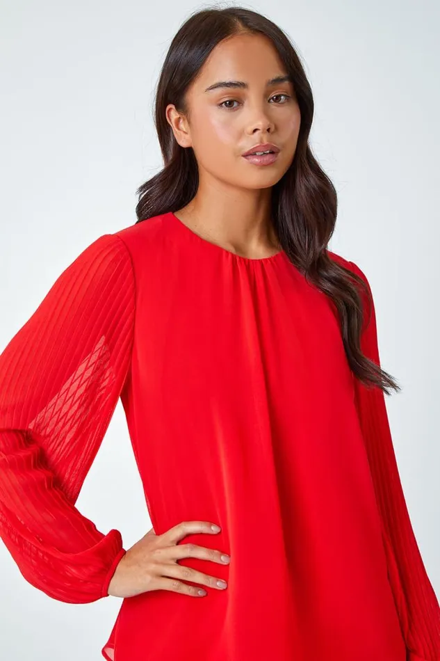 Red Petite Pleated Sleeve Gathered Chiffon Top Women Roman Tops