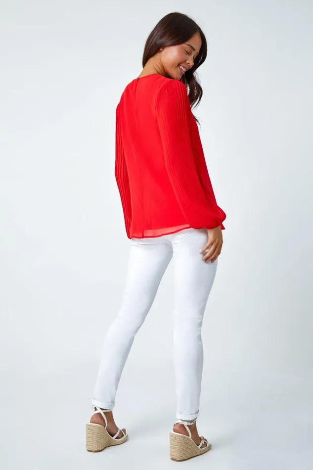 Red Petite Pleated Sleeve Gathered Chiffon Top Women Roman Tops