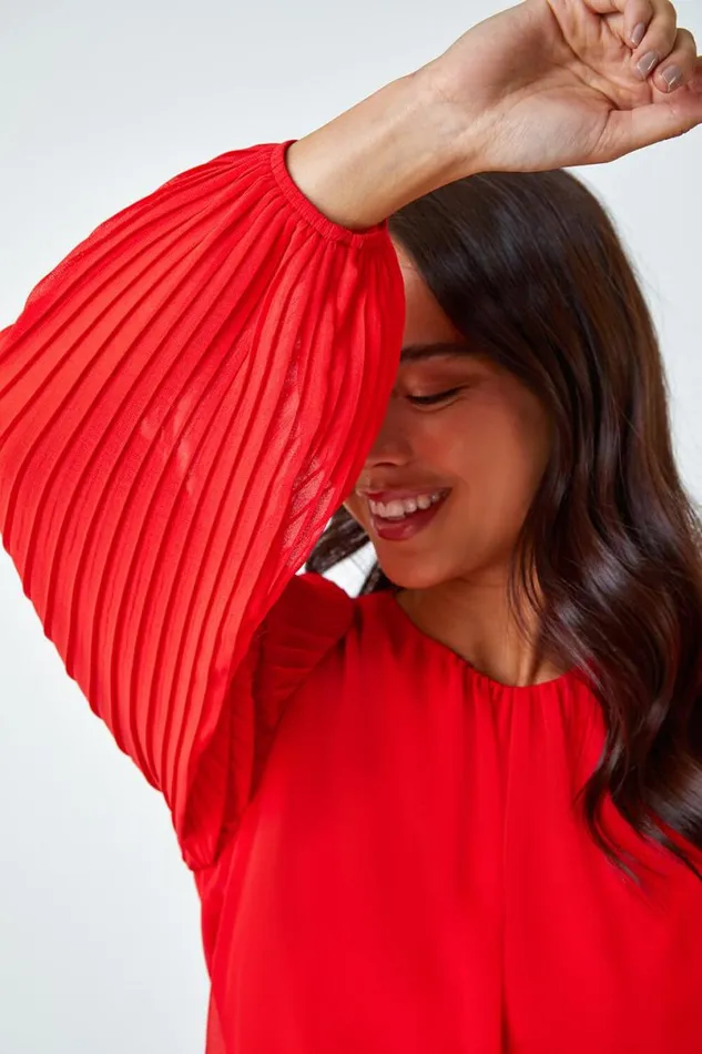 Red Petite Pleated Sleeve Gathered Chiffon Top Women Roman Tops