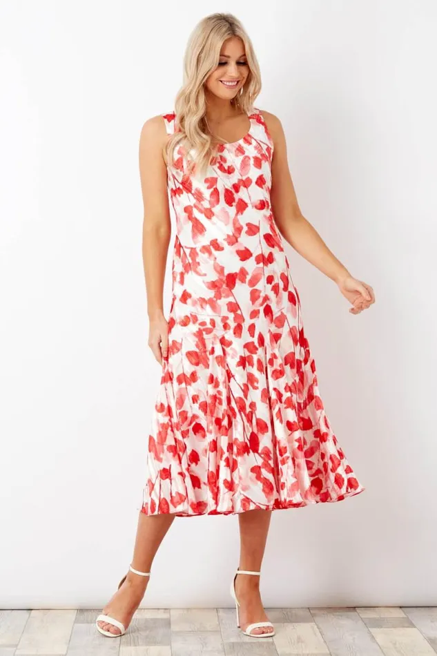 Red Poppy Print Bias Cut Midi Dress Women Roman Dresses