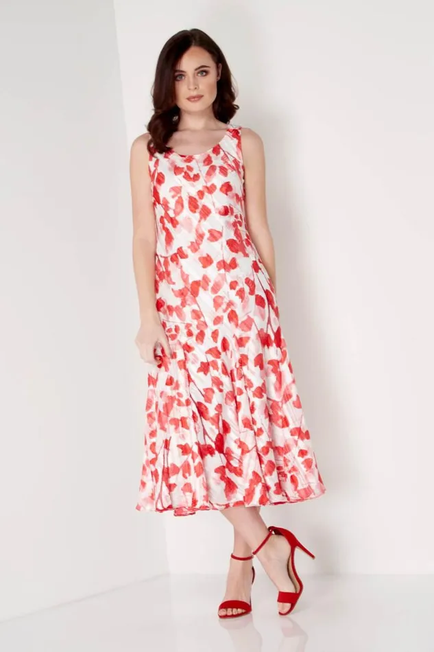 Red Poppy Print Bias Cut Midi Dress Women Roman Dresses