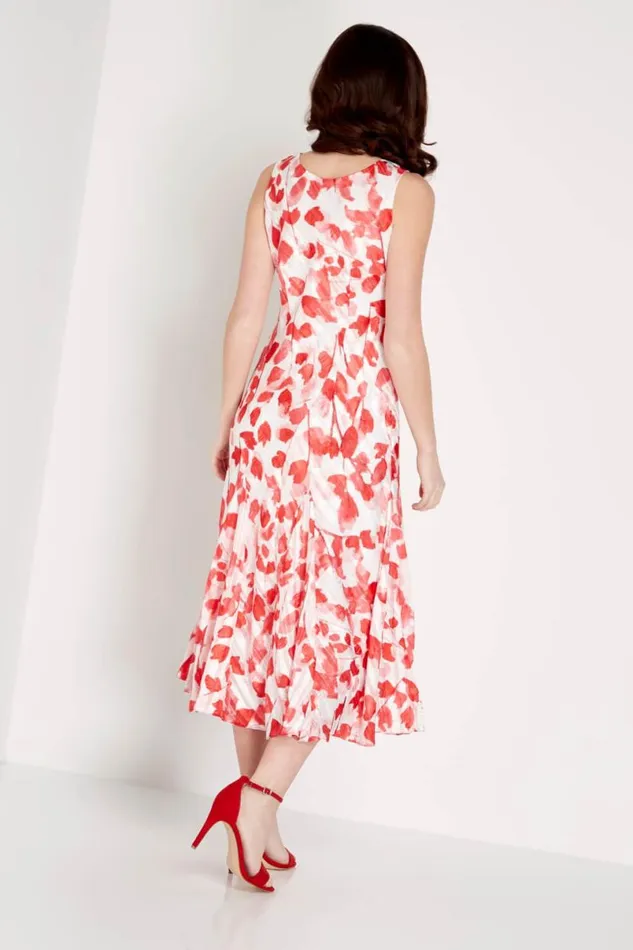 Red Poppy Print Bias Cut Midi Dress Women Roman Dresses
