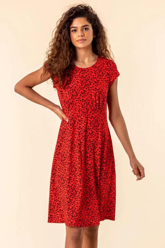 Red Printed Jersey Tea Dress Women Roman Dresses