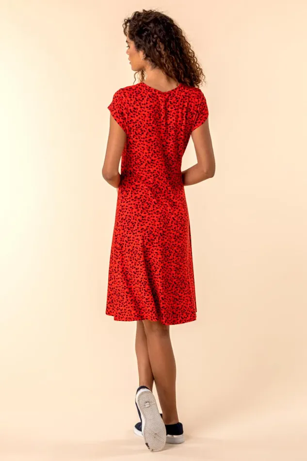 Red Printed Jersey Tea Dress Women Roman Dresses