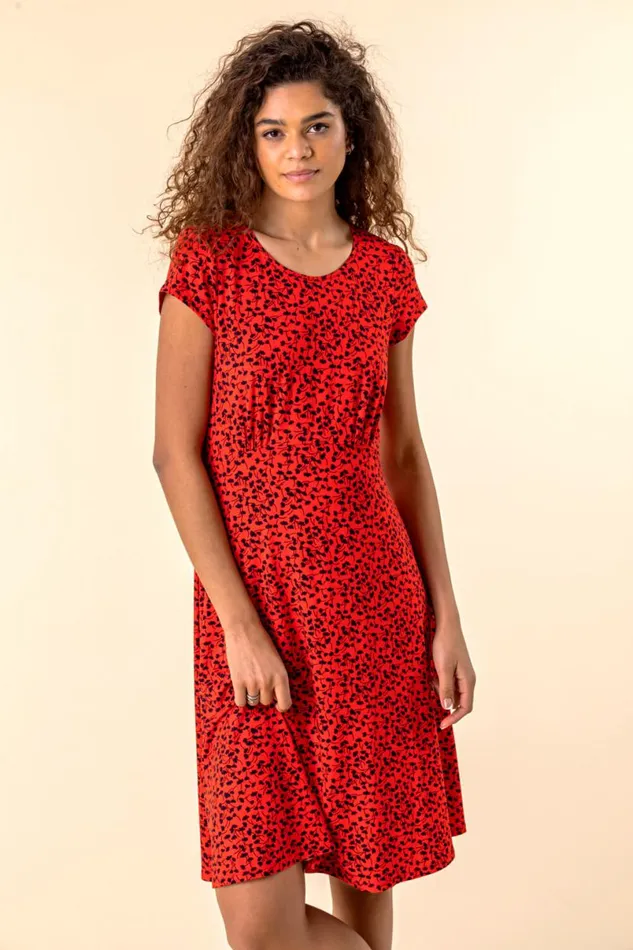 Red Printed Jersey Tea Dress Women Roman Dresses