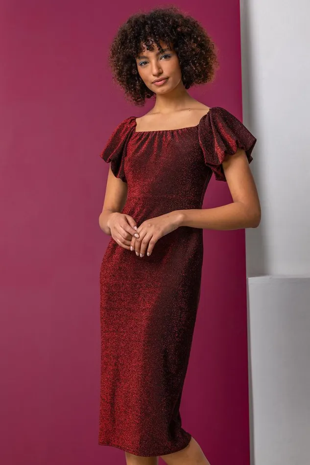 Red Puff Sleeve Sparkle Midi Dress Women Roman Dresses