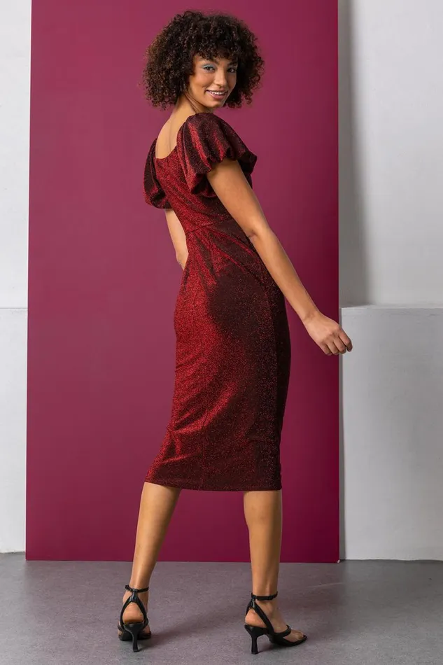 Red Puff Sleeve Sparkle Midi Dress Women Roman Dresses