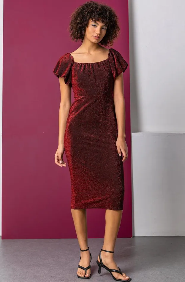 Red Puff Sleeve Sparkle Midi Dress Women Roman Dresses