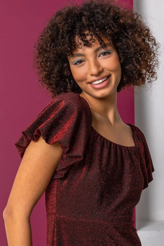 Red Puff Sleeve Sparkle Midi Dress Women Roman Dresses