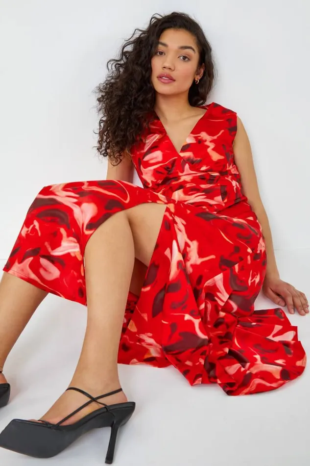 Red Sleeveless Marble Print Chiffon Midi Dress Women Roman Dresses