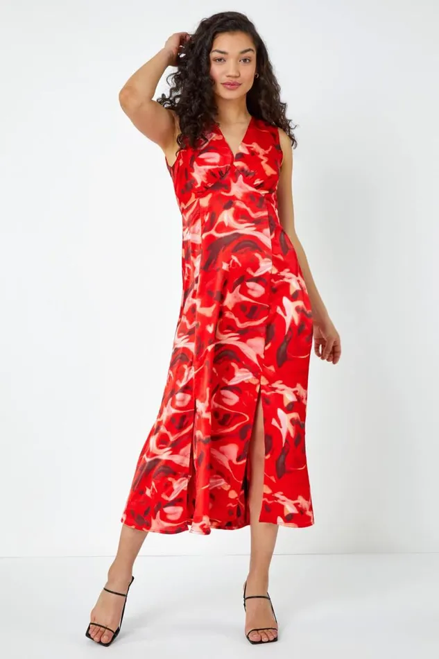 Red Sleeveless Marble Print Chiffon Midi Dress Women Roman Dresses