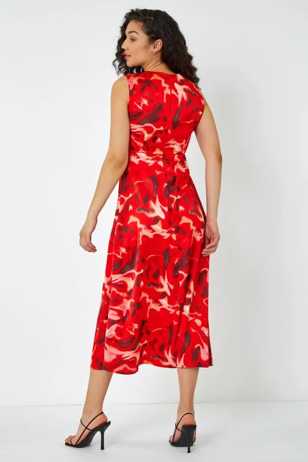 Red Sleeveless Marble Print Chiffon Midi Dress Women Roman Dresses