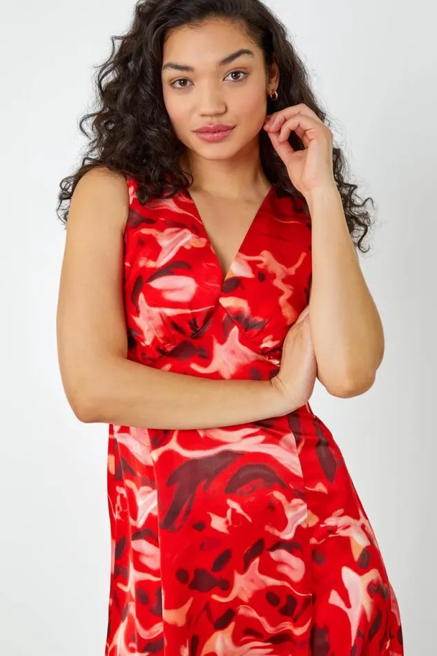 Red Sleeveless Marble Print Chiffon Midi Dress Women Roman Dresses