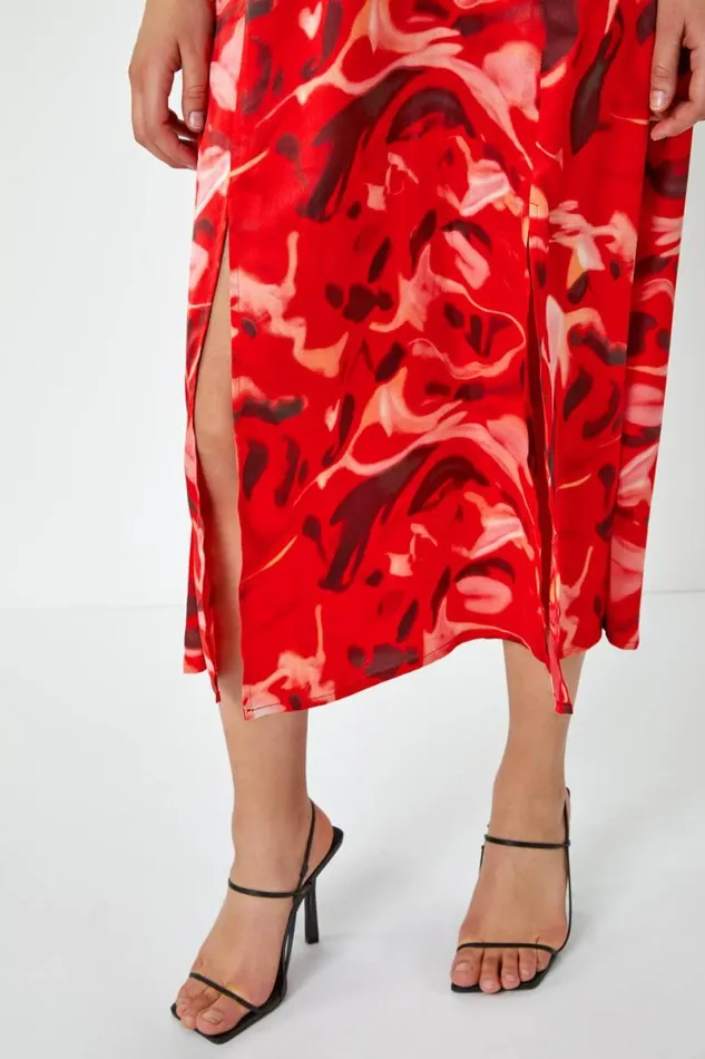 Red Sleeveless Marble Print Chiffon Midi Dress Women Roman Dresses