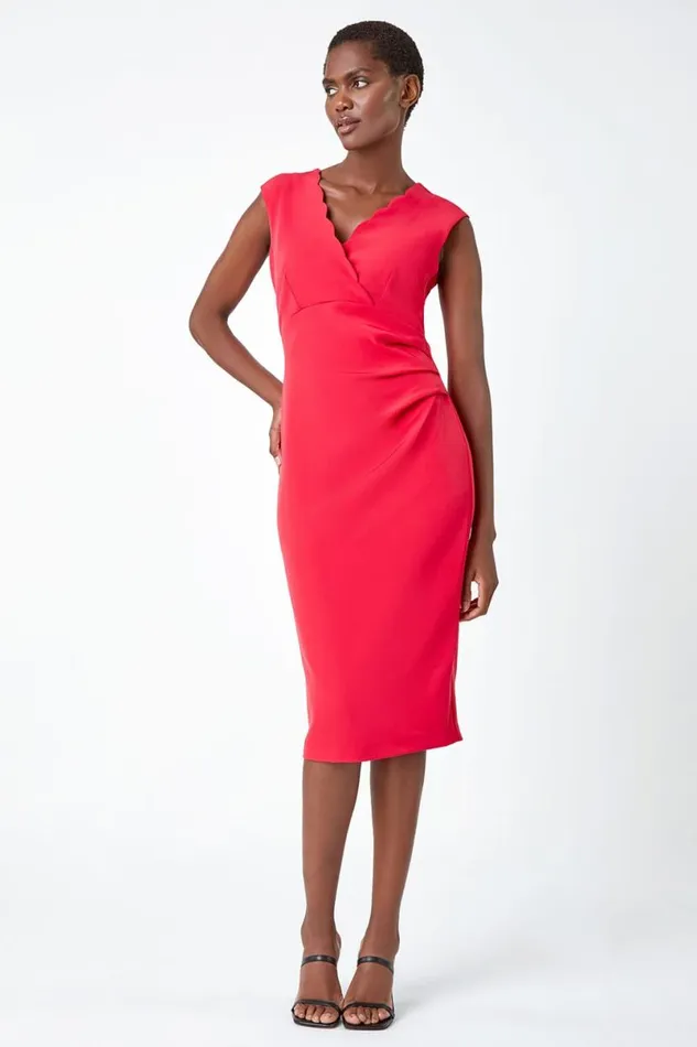 Red Sleeveless Pleated Stretch Ruched Dress Women Roman Dresses