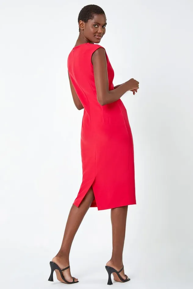 Red Sleeveless Pleated Stretch Ruched Dress Women Roman Dresses