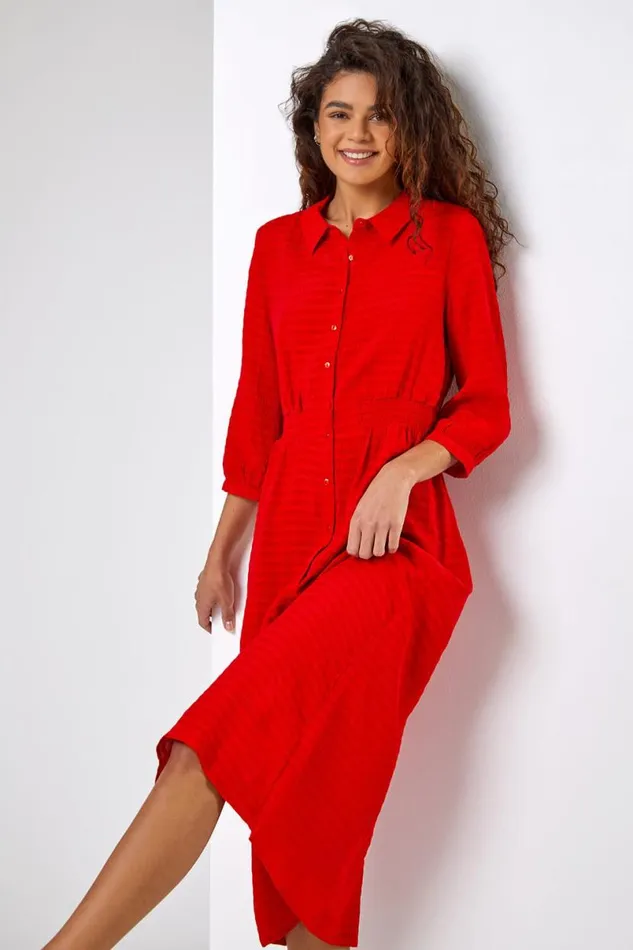 Red Textured Midi Shirt Dress Women Roman Dresses