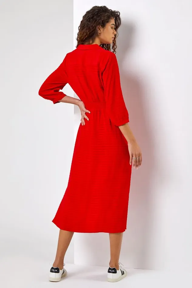 Red Textured Midi Shirt Dress Women Roman Dresses