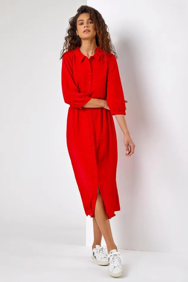 Red Textured Midi Shirt Dress Women Roman Dresses