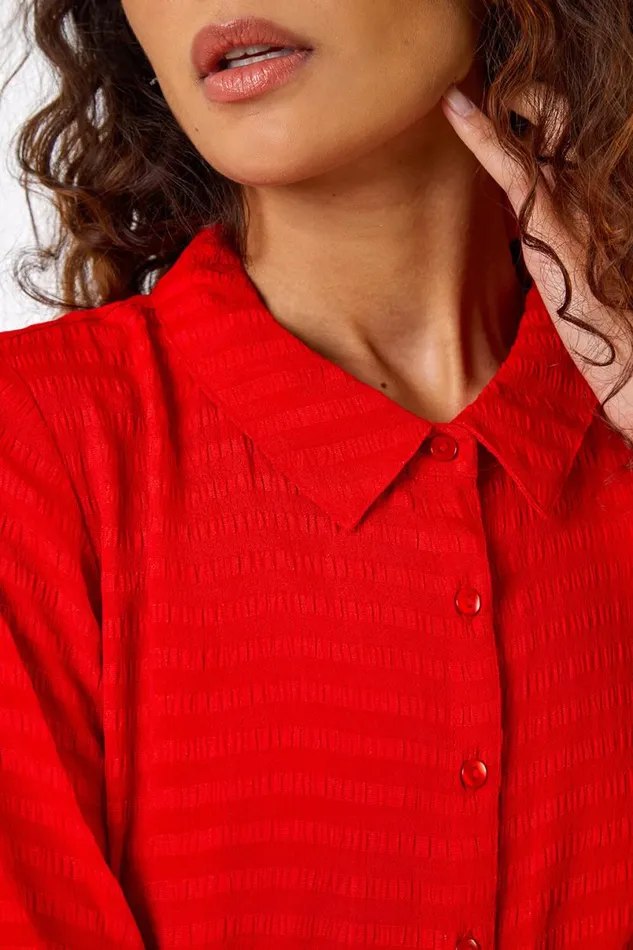Red Textured Midi Shirt Dress Women Roman Dresses