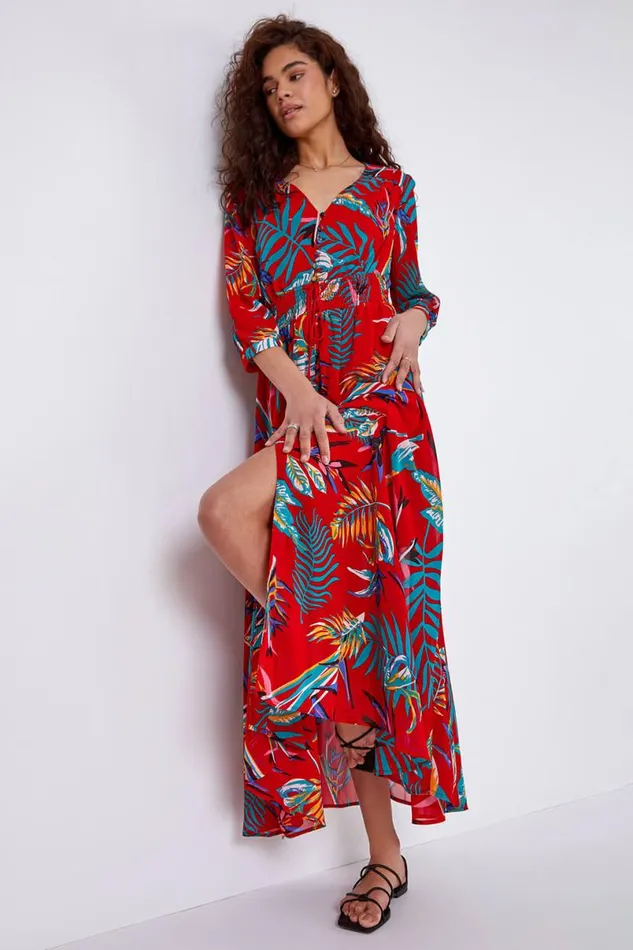 Red Tropical Print Belted Maxi Dress Women Roman Dresses
