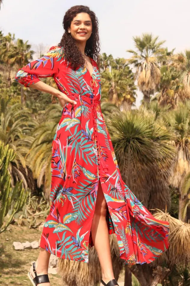 Red Tropical Print Belted Maxi Dress Women Roman Dresses