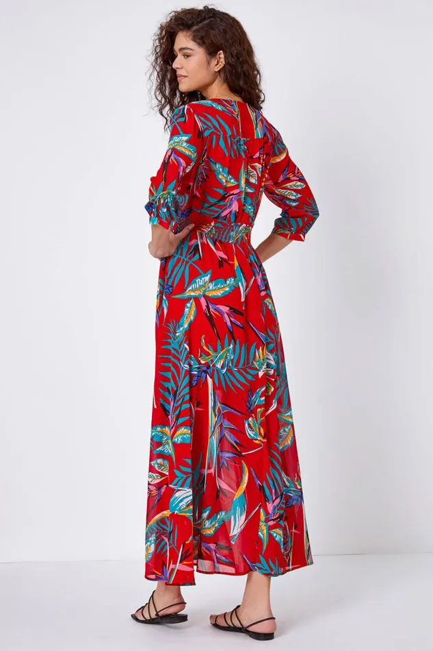 Red Tropical Print Belted Maxi Dress Women Roman Dresses