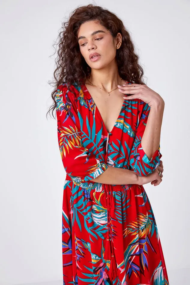 Red Tropical Print Belted Maxi Dress Women Roman Dresses