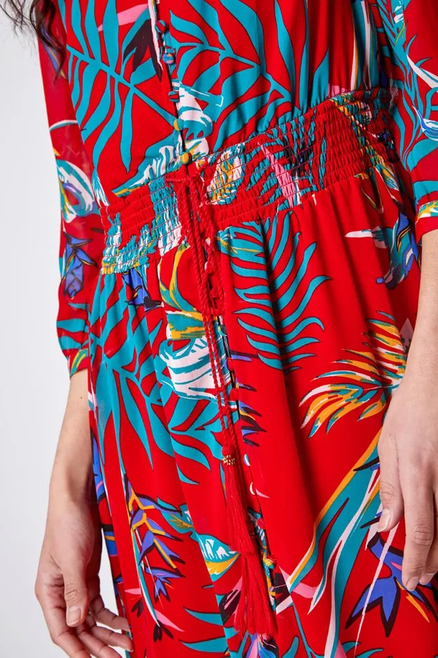 Red Tropical Print Belted Maxi Dress Women Roman Dresses