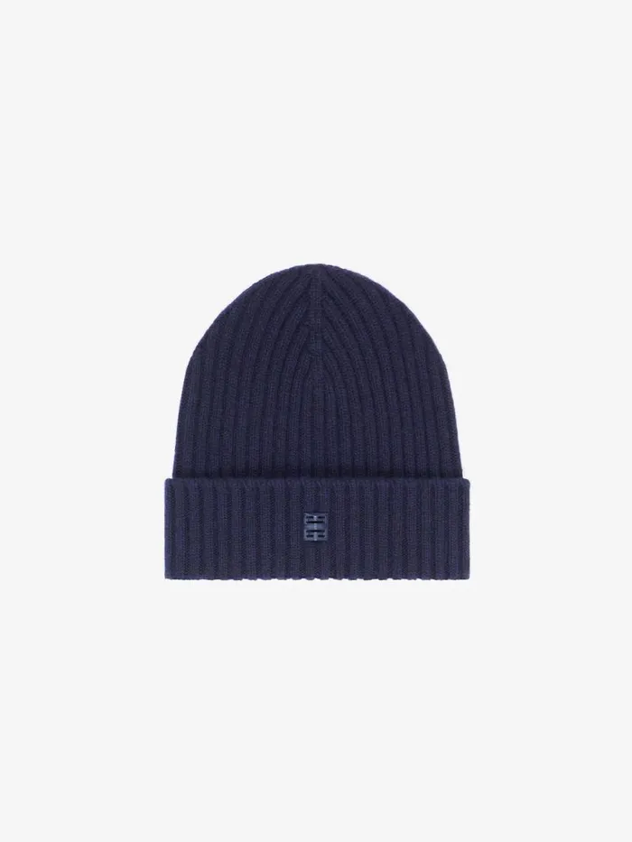 Ribbed Beanie In Wool And Cashmere With 4g Detail Deep Blue Men Givenchy Beanies and Caps