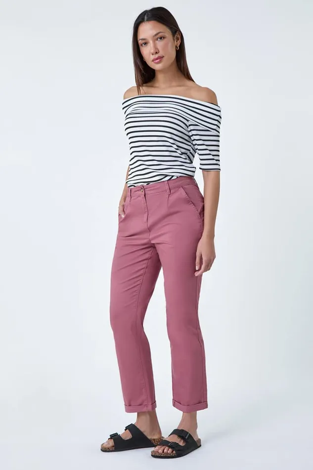 Rose Cotton Blend Washed Chino Trousers Women Roman Trousers