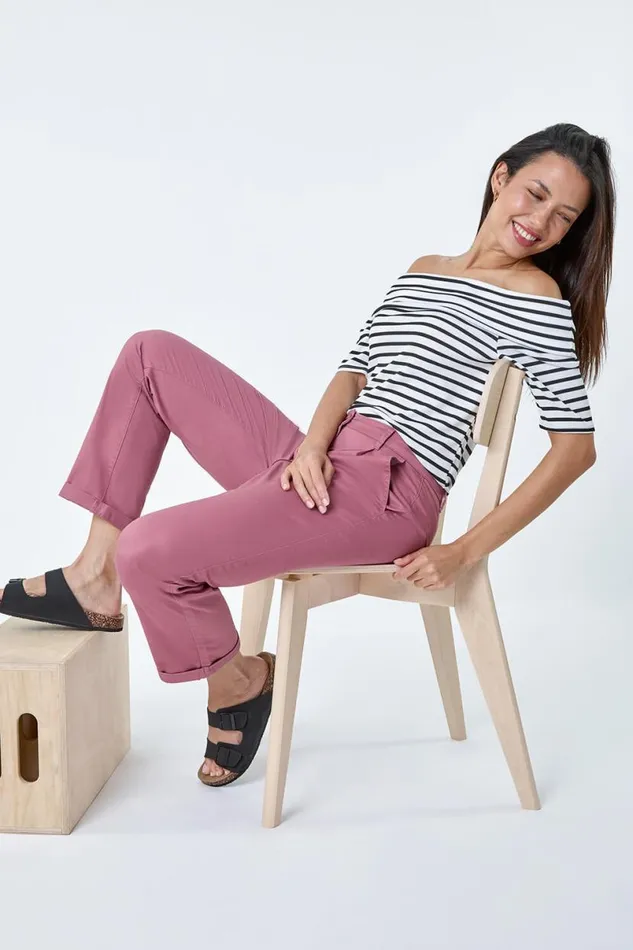 Rose Cotton Blend Washed Chino Trousers Women Roman Trousers